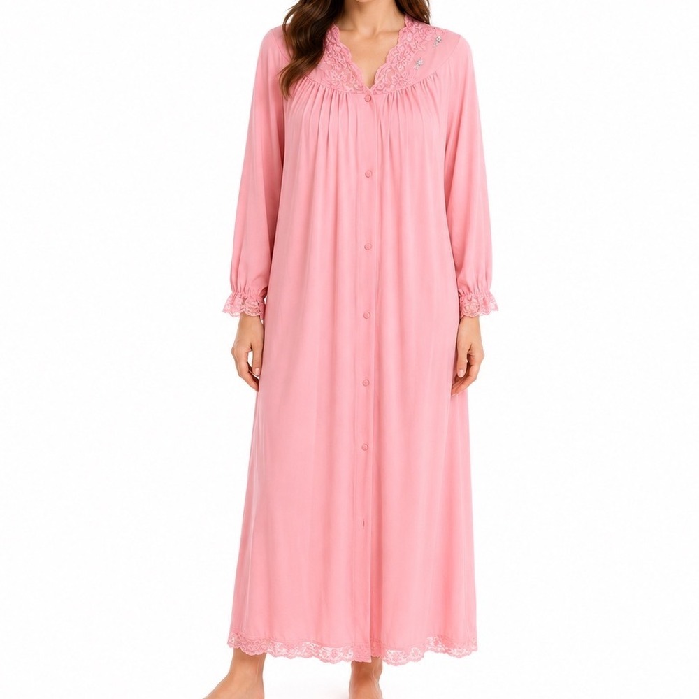 Vintage Shadowline Button-Front Full Length Robe Pink Lace Bodice & Trim Medium